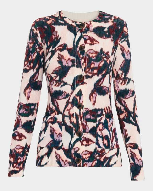Louisa Floral-Print Wool-Cashmere Crewneck Cardigan